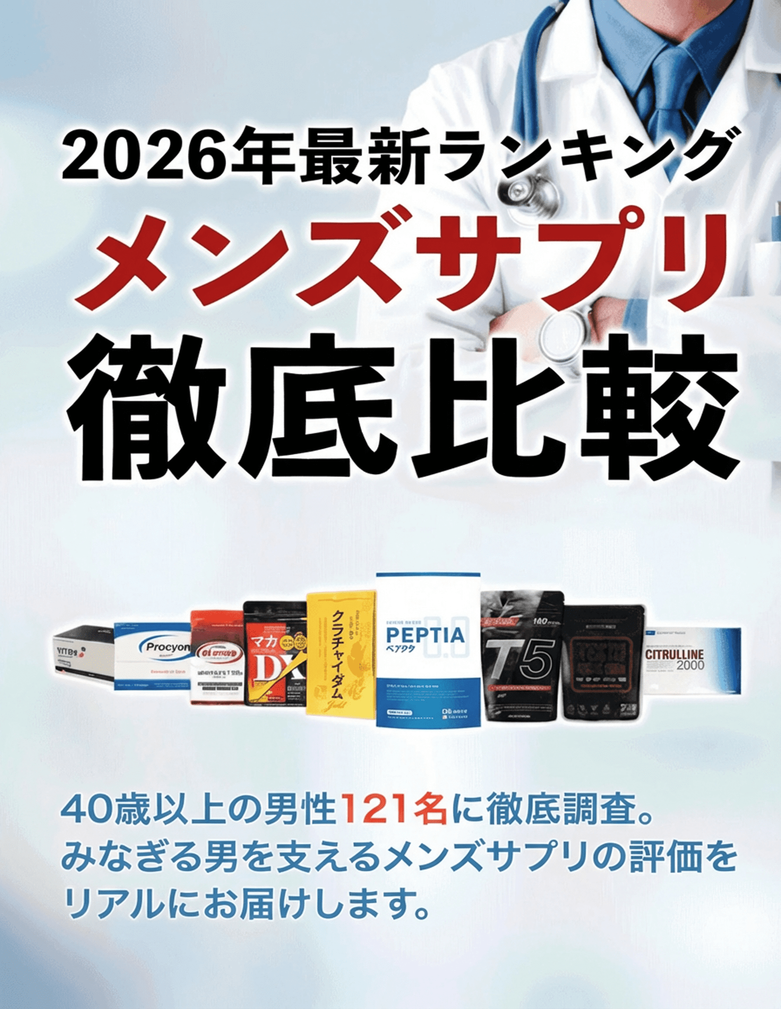 40歳以上の男性121名に徹底調査。みなぎる男を支えるメンズサプリの評価をリアルにお届けします。